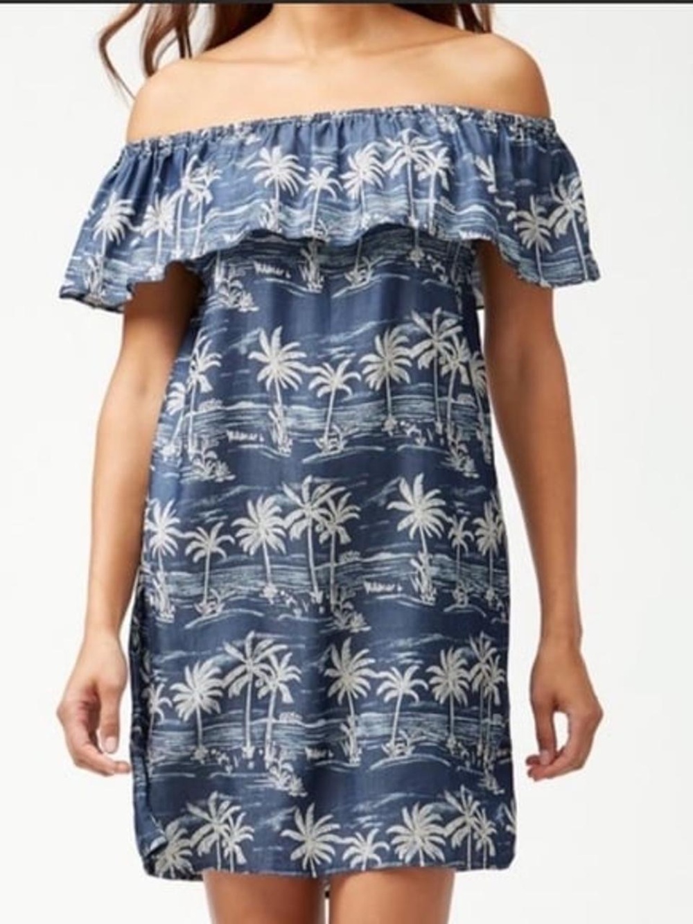 Tommy Bahama Chambray Off-The-Shoulder Ruffle Dress with pocket Size Small
